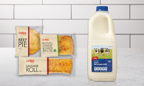 Coles Express Beef Pie and Potato cheese and onion pastie and Sausage roll and Coles two litre white milk 