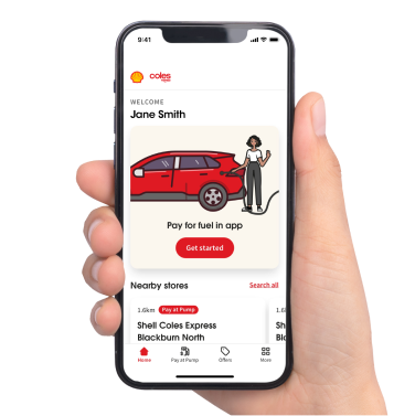 Hand holding Shell Coles Express Mobile App