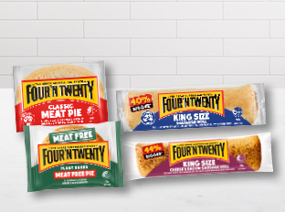 four n twenty classic meat pie one hundred and seventy five grams four n twenty meat free pie one hundred and seventy five grams four n twenty king size sausage roll one hundred and eighty grams four n twenty king size suasage roll cheese and bacon one hundred and eighty grams