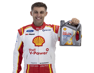 Race car driver Anton De Pasquale holding Shell Helix Ultra Oil