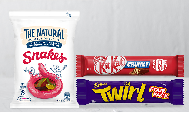 Twirl Chocolate Bar KitKat Extra Chunky Chocolate Bar and The Natural Confectionary Company Snakes Bag 