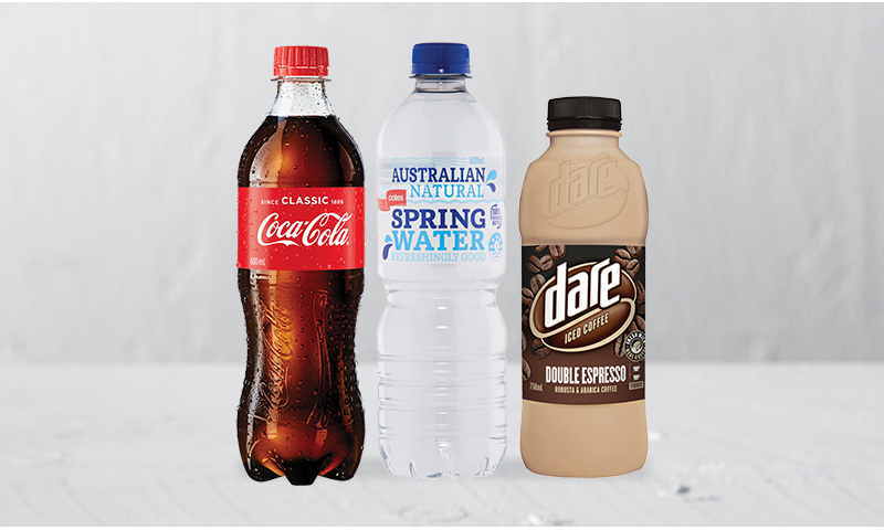 600ml Coke Bottle, 750ml Dare Iced Coffee, and Coles Brand 600ml water 