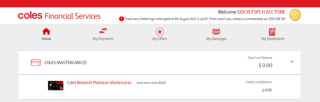 Coles Credit Cards OSC account summary
