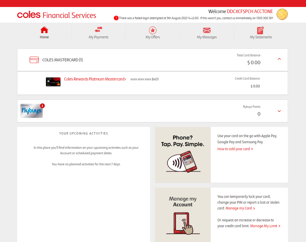 Coles Credit Cards OSC account summary