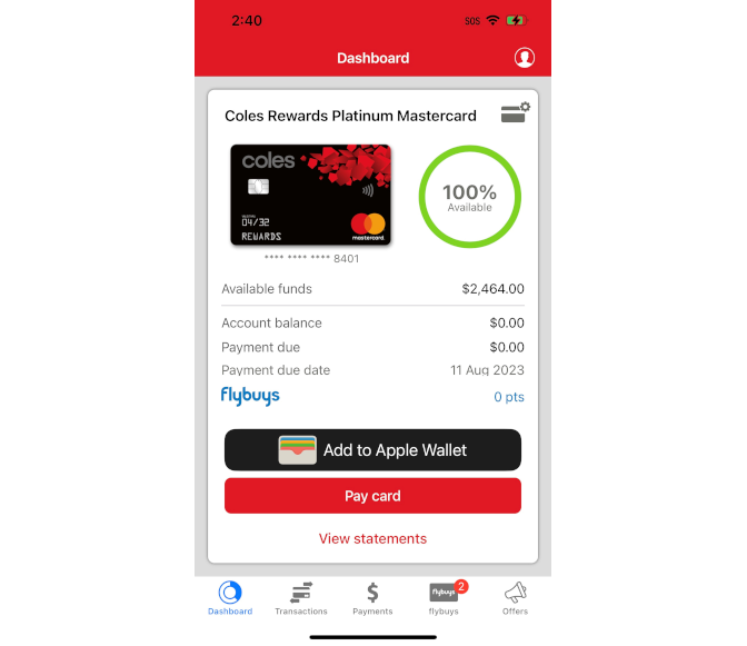 Coles Credit Cards OSC account summary