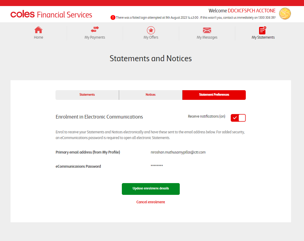 Coles Credit Cards OSC statement preference