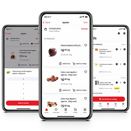 Three mobile phones with the Coles app on the screen