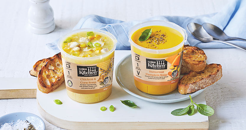 Two Coles Kitchen soups with toasted bread on the side