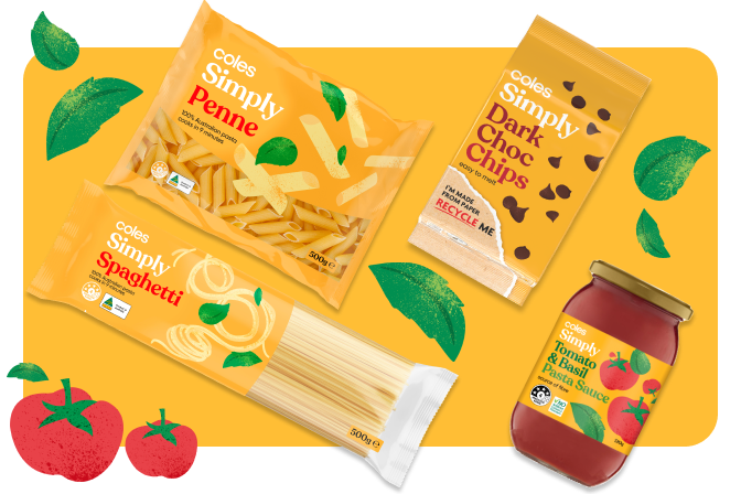 Coles simply pantry ingredients (spaghetti, sauce, choc chips, and penne)