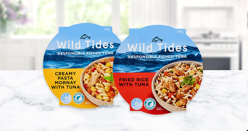 Packages of Wild Tides creamy pasta mornay with tuna and Wild Tides fried rice with tuna on kitchen counter