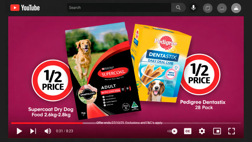 YouTube screen showing a pet food product with discount