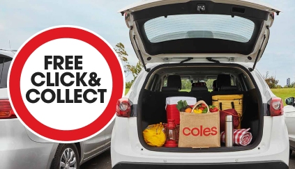 White car with the boot opened showing a full shop, roundel to the left reads: Click and Collect