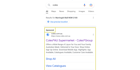 Fraudulent Gogle search result for "Coles" search
