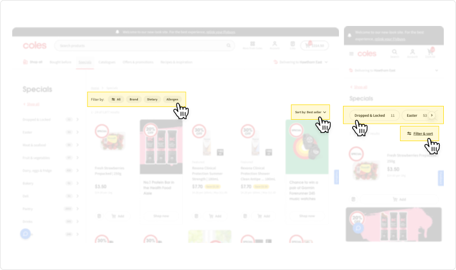 Sort and filter Coles website
