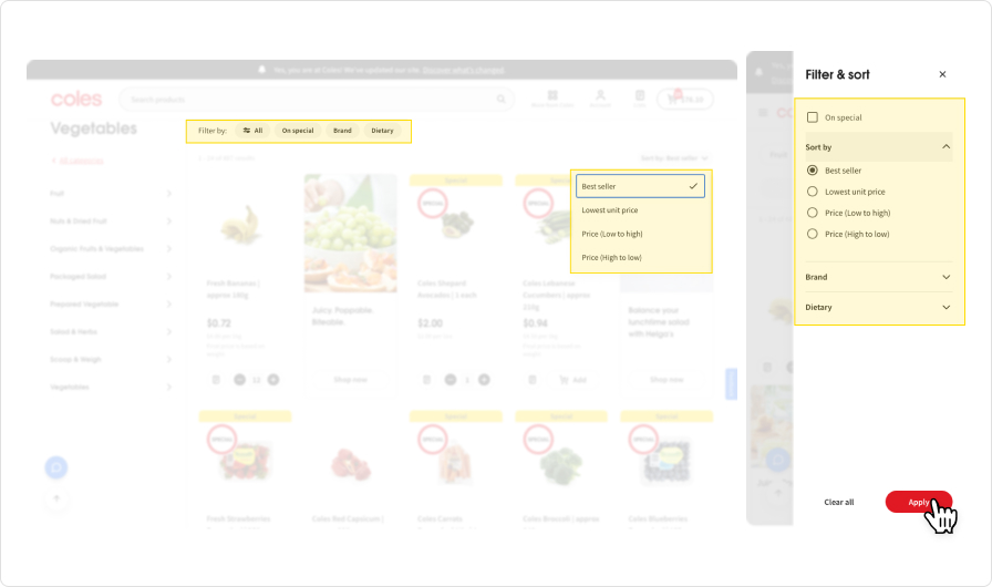 Filter products Coles website