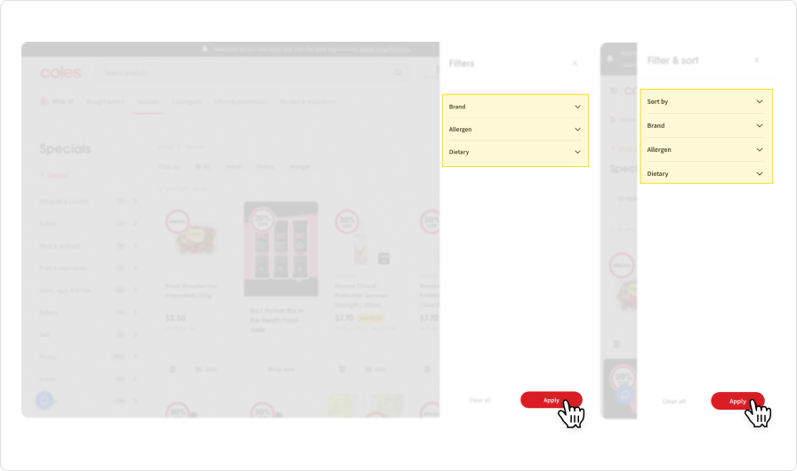 Filter products Coles website