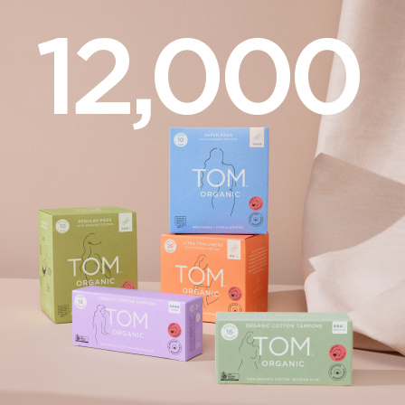 Tom Organic product range with number 12,000 featured