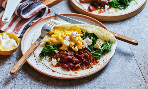 Beef brisket and scrambled egg breakfast burritos
