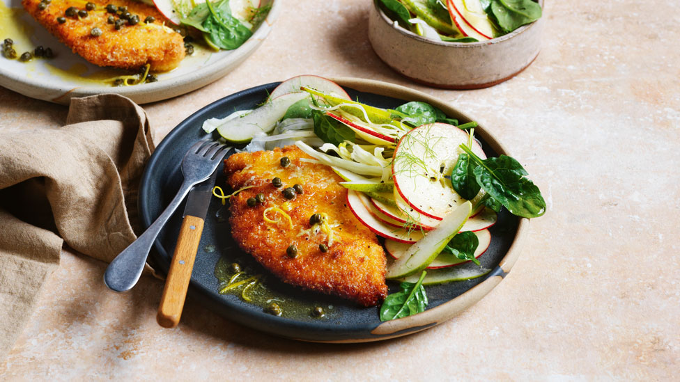 Crunchy chicken schnitzel with apple and pear salad