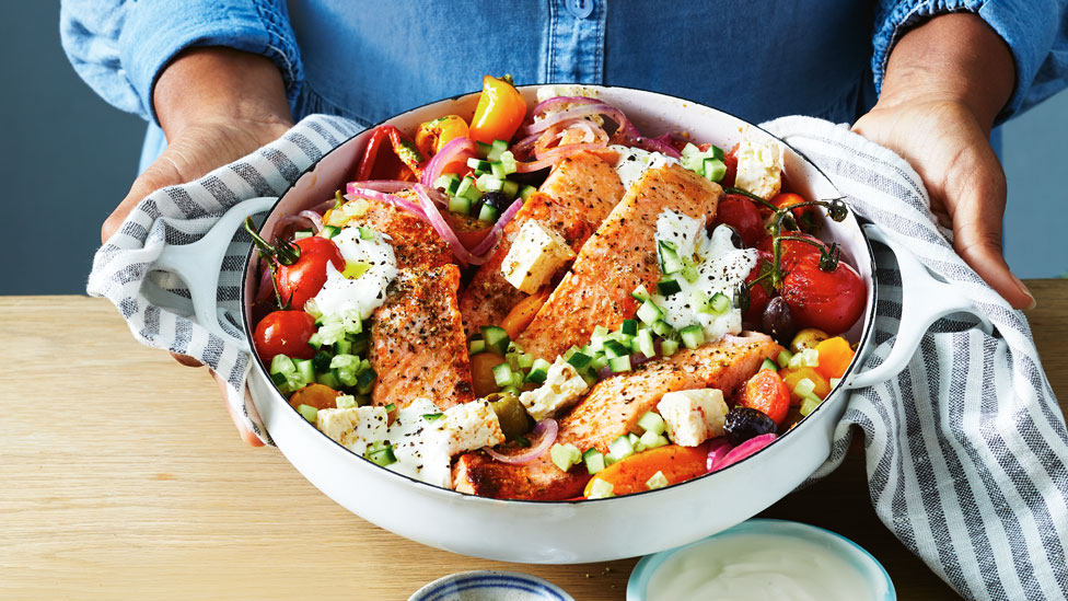 Greek-style salmon tray bake 