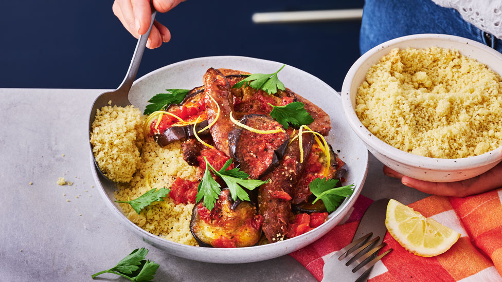 Harissa sausages and eggplant with lemon couscous 