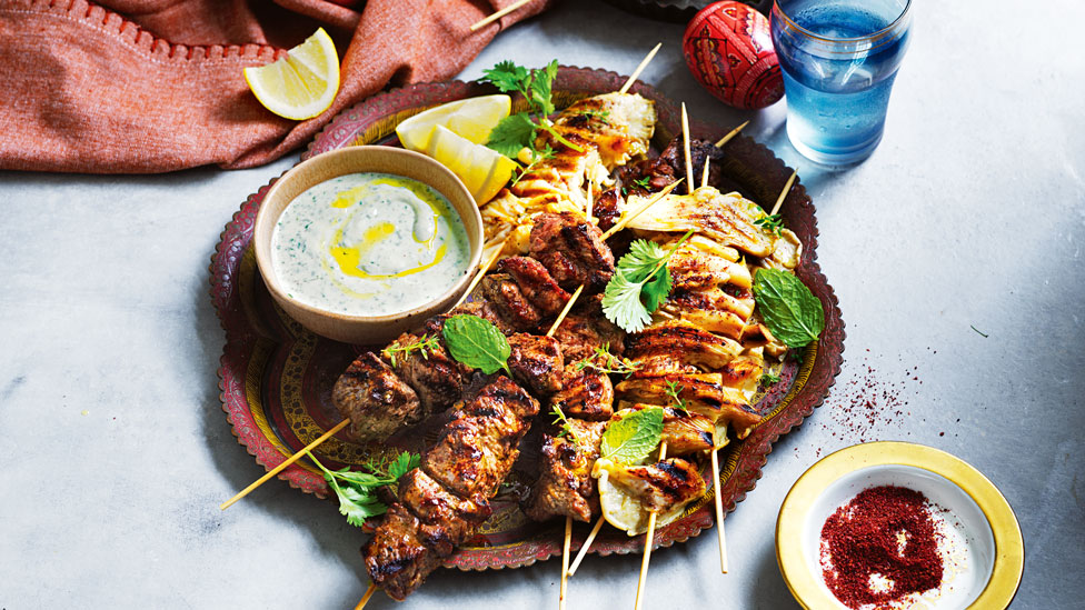 Lamb and mushroom skewers with coriander-mint yoghurt