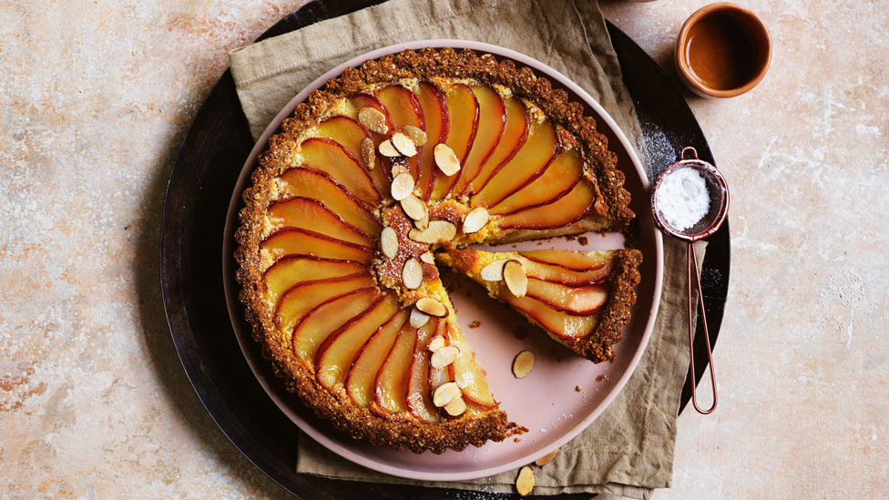 Poached pear frangipane tart 