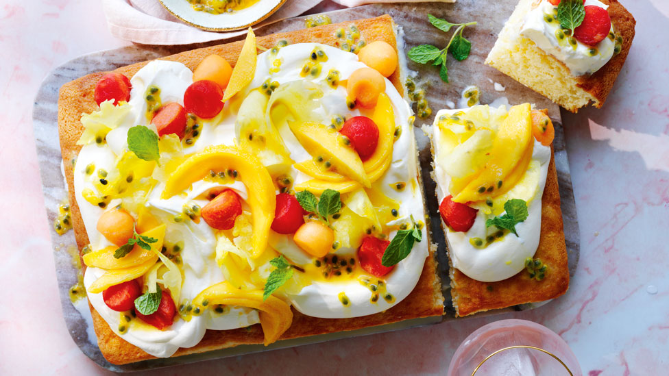 3 milks cake with custard cream and summer fruits