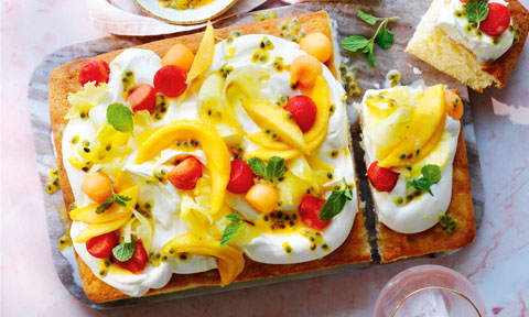 3 milks cake with custard cream and summer fruits