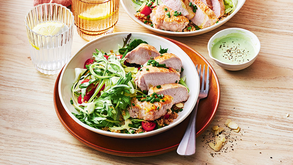 Green goddess salad with quinoa and pork