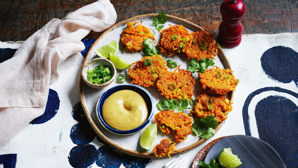 Spiced carrot fritters with date-mustard sauce