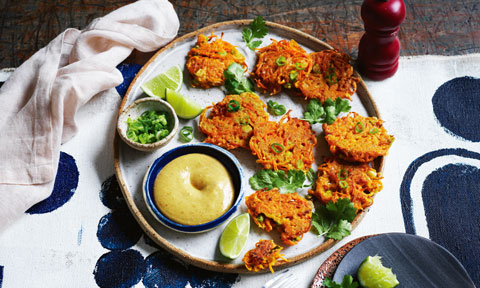 Spiced carrot fritters with date-mustard sauce