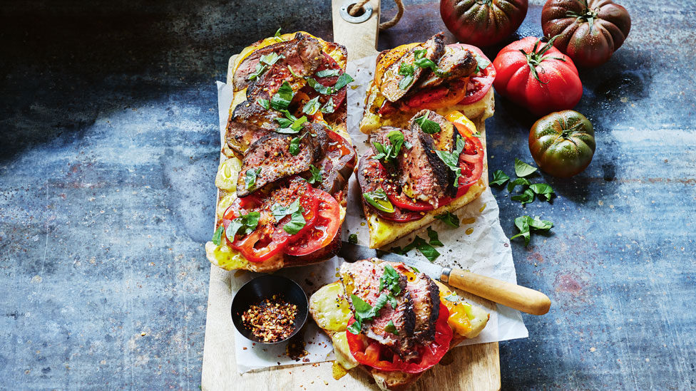 Open steak and tomato Caprese-style sandwiches