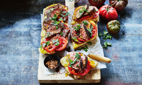 Open steak and tomato Caprese-style sandwiches