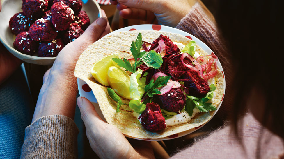 Beetroot falafel wraps