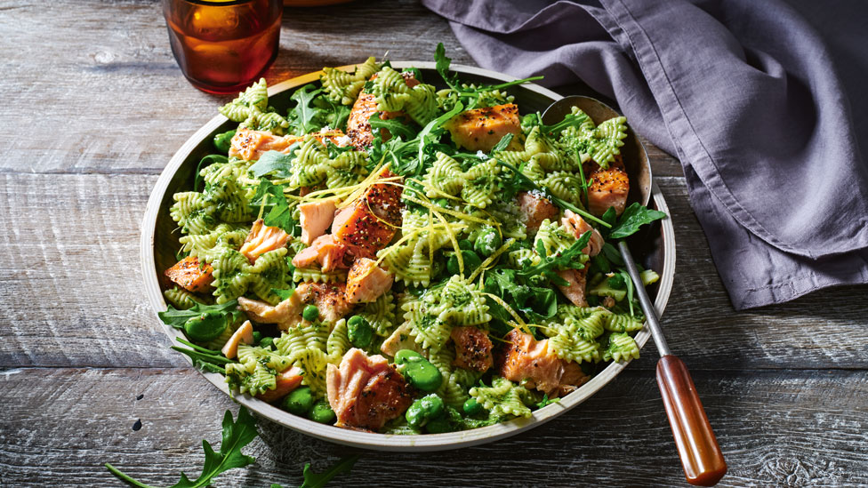 Hot smoked salmon and broad bean farfalle with mint pesto