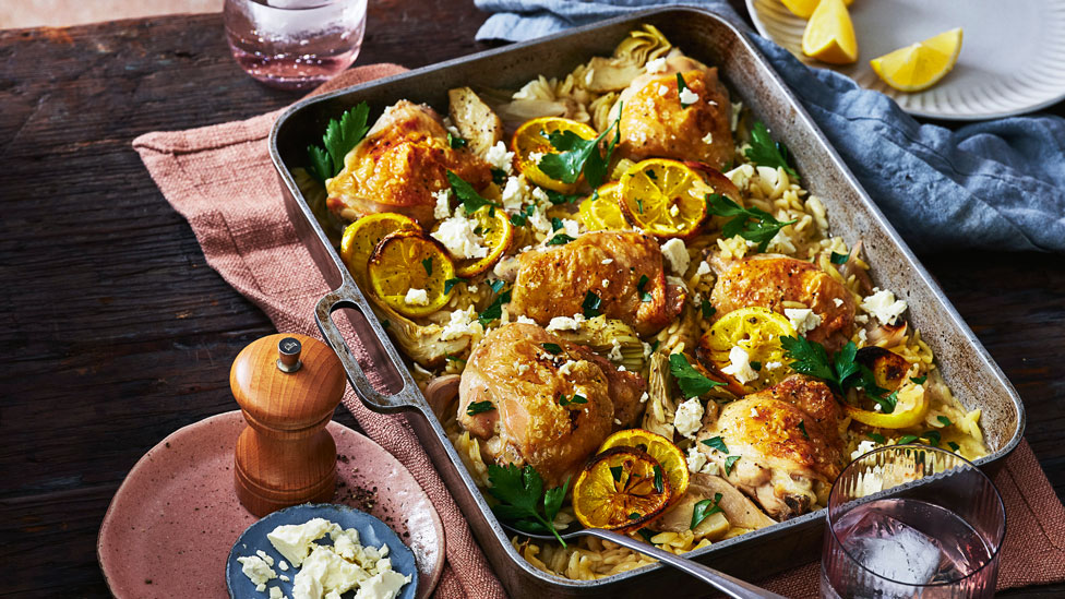 Lemon chicken and artichoke risoni bake