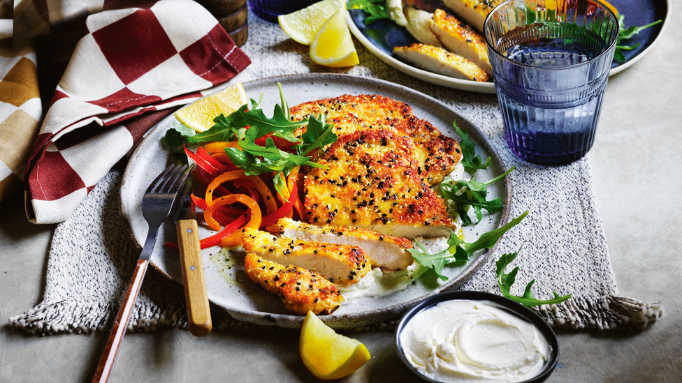 Sesame-crusted chicken with labne and capsicum 