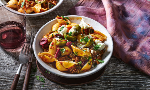 Greek-style lamb and eggplant pasta
