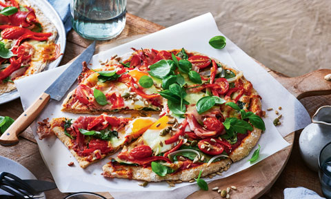 Ham, egg and veggie wholemeal pizza