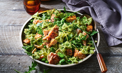 Hot-smoked salmon and broad bean farfalle with mint pesto