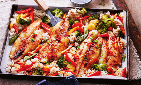 Sticky soy and sesame fish tray bake