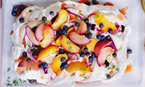 Blueberry and roasted peach pavlova
