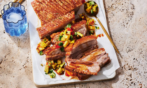 Brent Draper’s pork belly with charred pineapple and chilli salsa