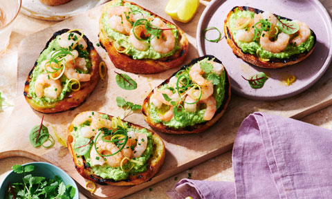 Edamame hommus and prawn bruschetta