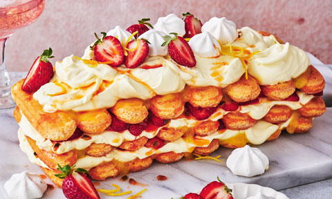 Lemon and strawberry sponge layer cake with cream layers