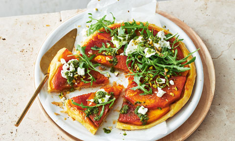 Pumpkin tarte tatin with sage-pistachio pesto