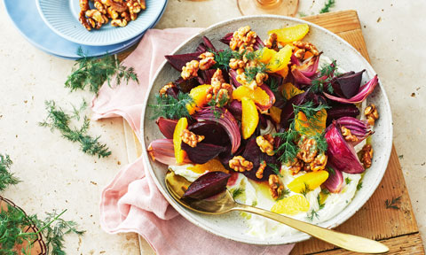 Roasted baby beetroot salad with goat’s cheese cream