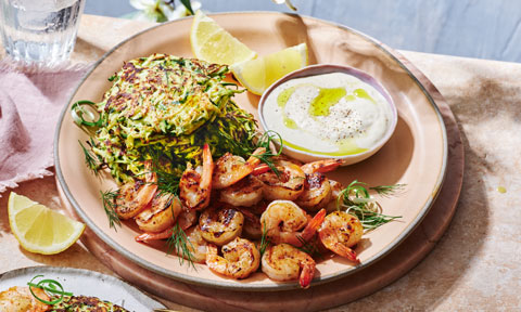 Zucchini fritters with lemon prawns