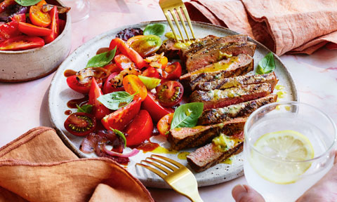 Curtis Stone s BBQ scotch fillet steak with tomato balsamic salad